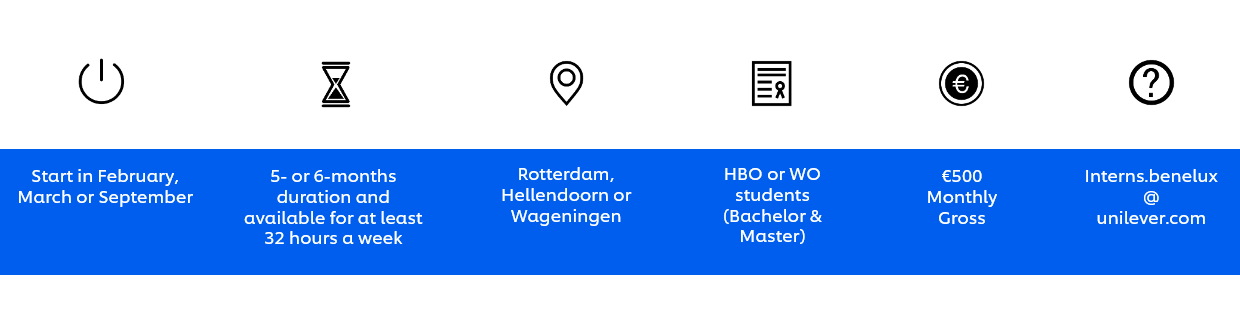 Start in February, March or September, 5- or 6-months duration and available for at least 32 hours a week, Rotterdam, Hellendoorn or Wageningen, HBO or WO students (Bachelor & Master), €500 Monthly Gross, Interns.benelux@unilever.com